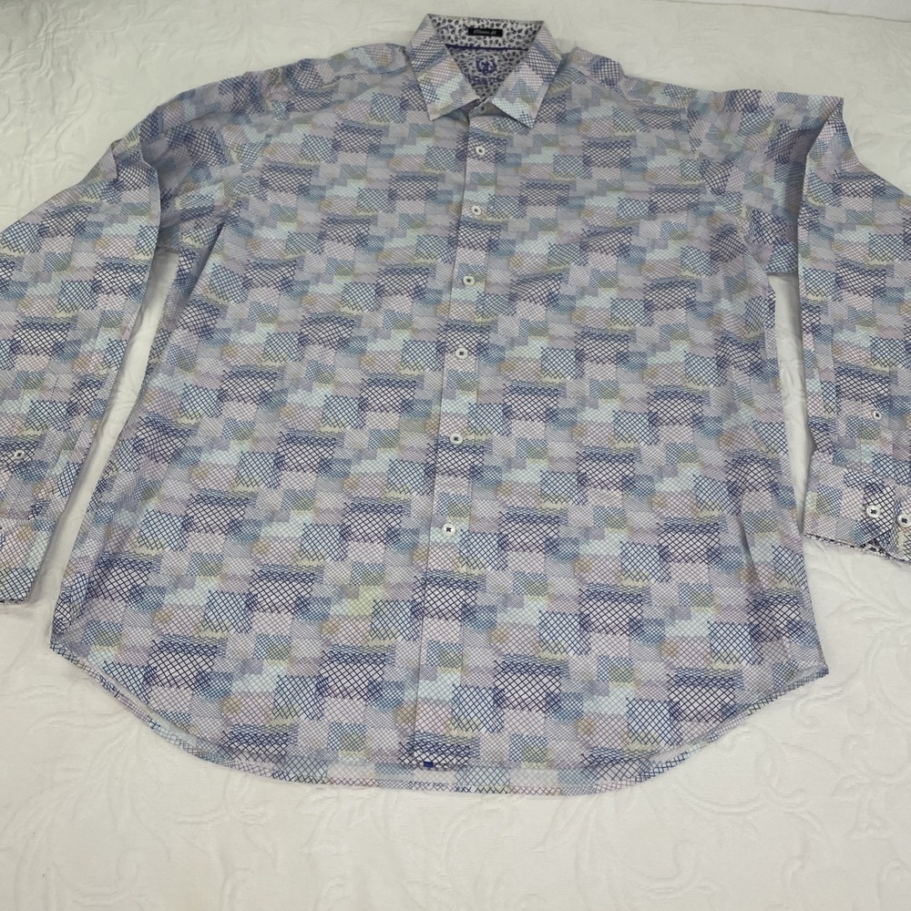 Bugatchi‎ Uomo Shirt Mens L Blue White Geometric Flip Cuff Classic Fit Button Up